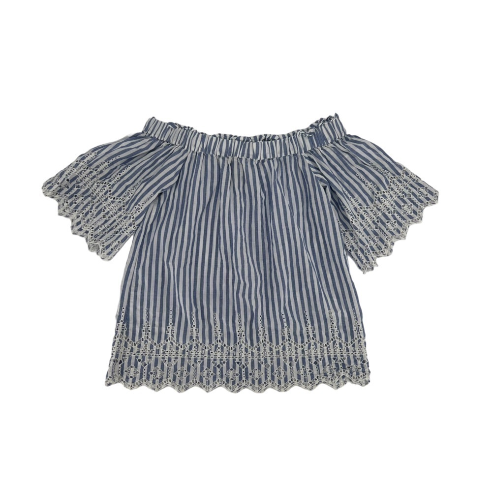 H&M Blue Striped Off The Shoulder Eyelet Short Sleeve Shirt Size 4 Women’s